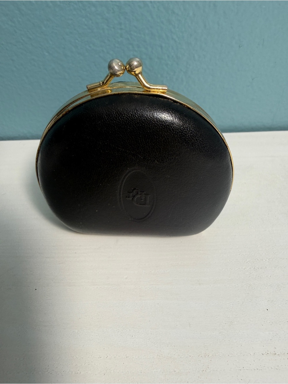 Vintage Christian Dior Black Leather Kiss-Lock Coin Purse Pouch Gold-Tone Logo